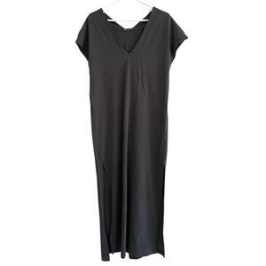 Zara Womens Dress M Medium Sheath Black Midi Slits Side V-Neck Short Sleeve NWOT